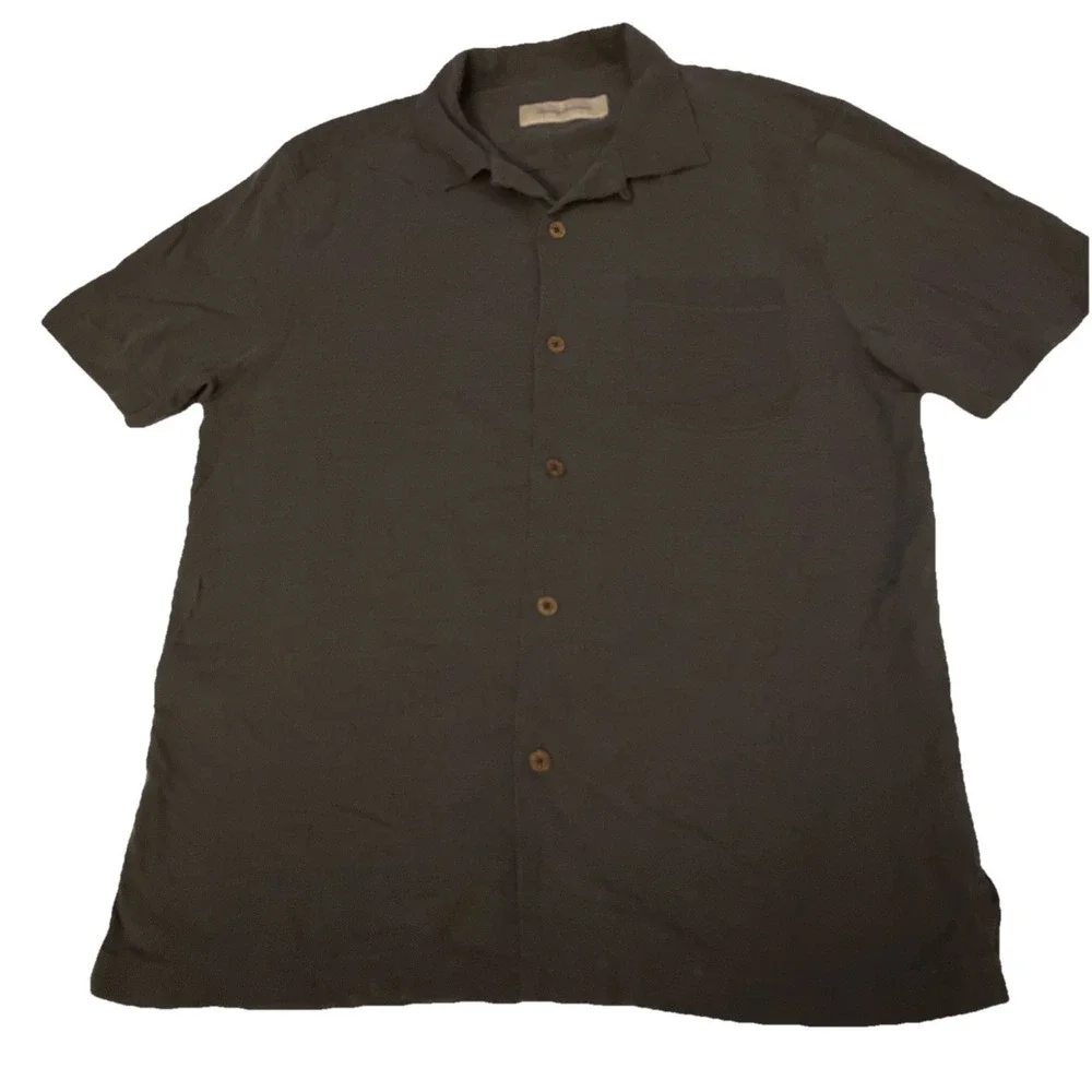 Tommy Bahama Shirt Hawaiian 100% Silk Button‎ Up Short Sleeve Gray Mens Medium